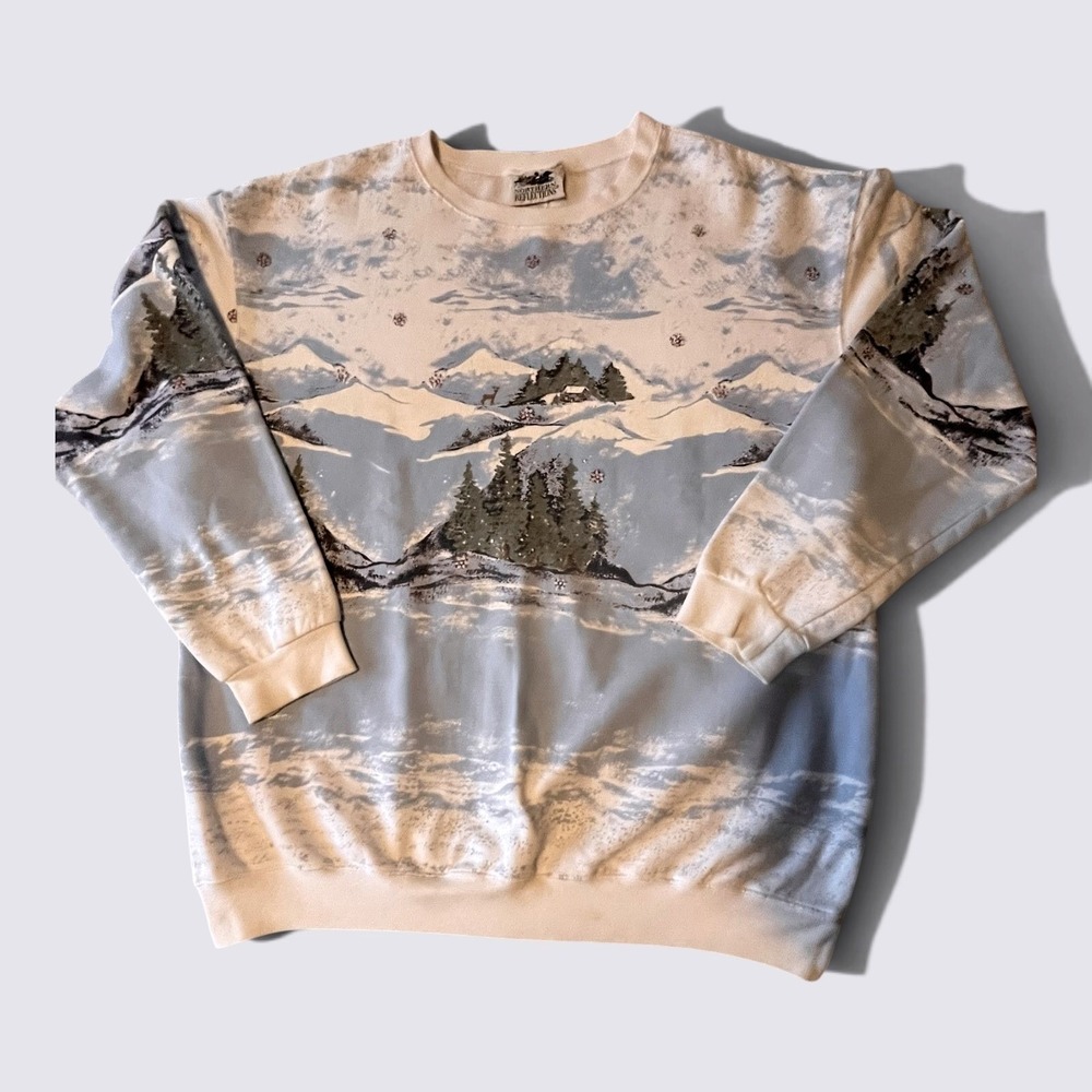Northern Reflections Vintage Winter Landscape Sweatshirt Blue White Large 90s